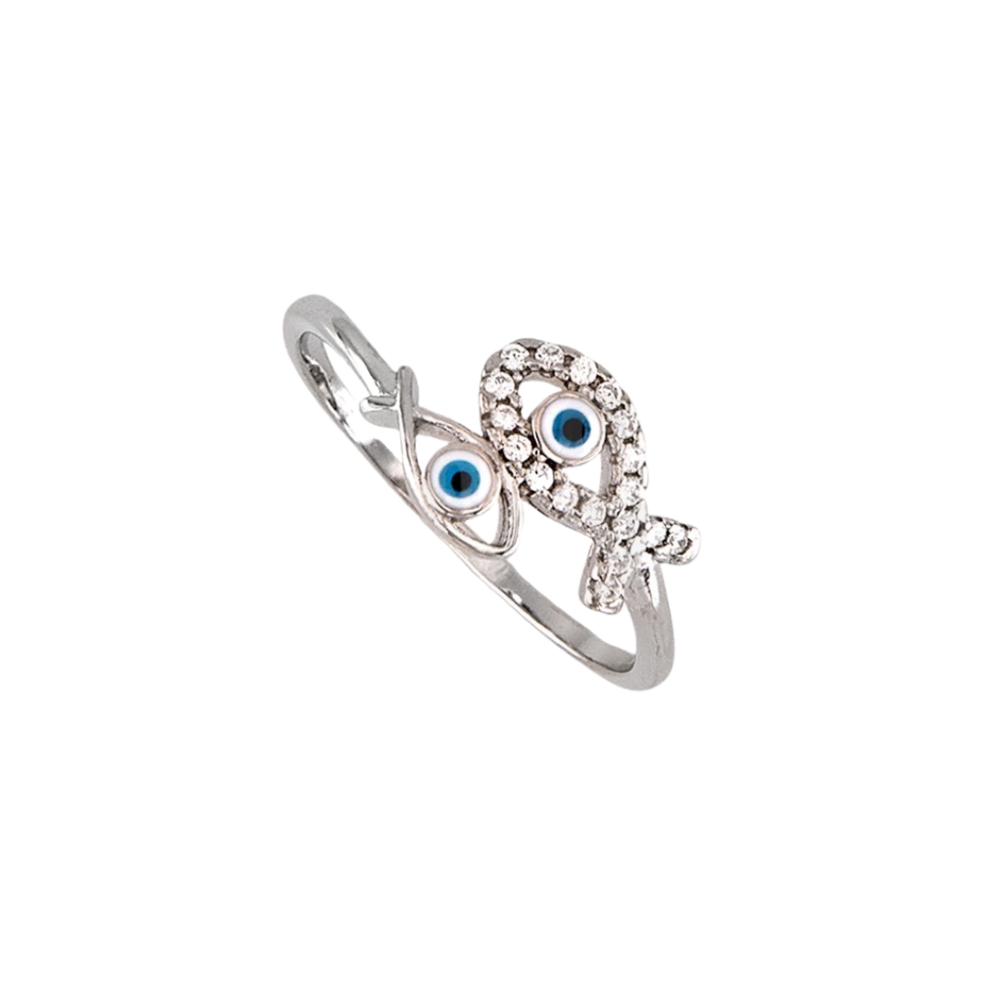 Turkish Eye and Fish Silver Ring