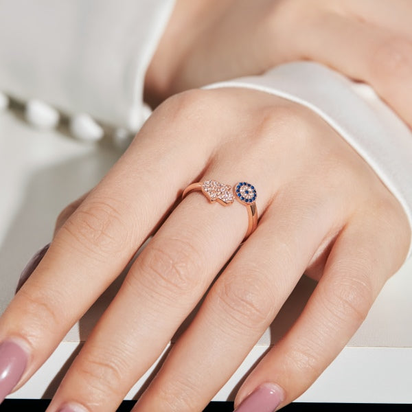 Nazar Hamsa Silver Ring Rose Gold