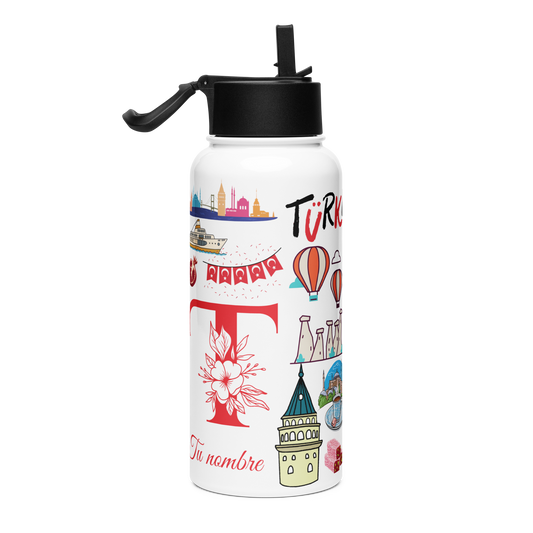 Botella de acero inoxidable con tapa de pajita con tu nombre y Turquia