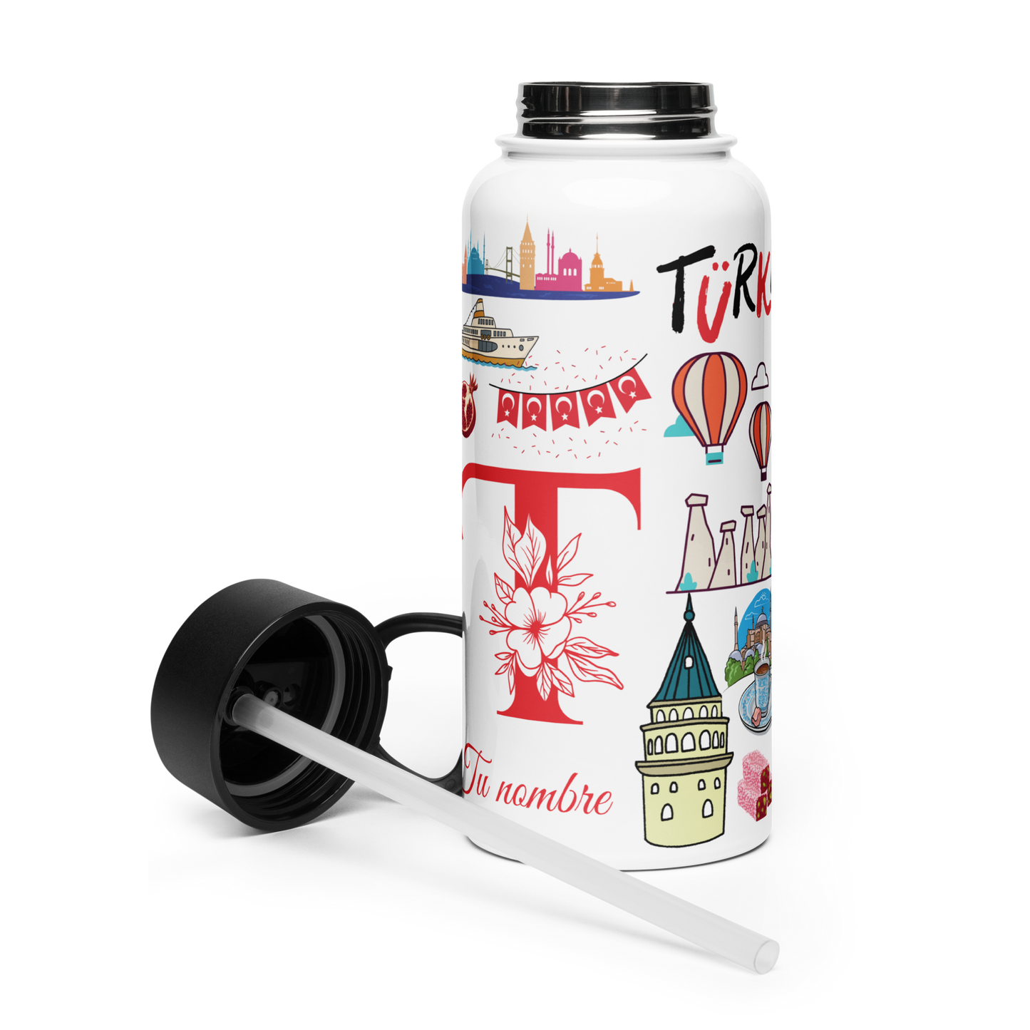Botella de acero inoxidable con tapa de pajita con tu nombre y Turquia