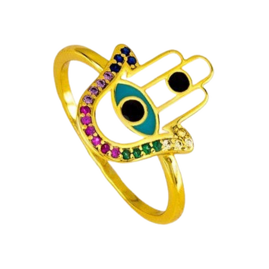 Anillo de Plata Hamsa 🪬 Mano de Fatima Baño Oro